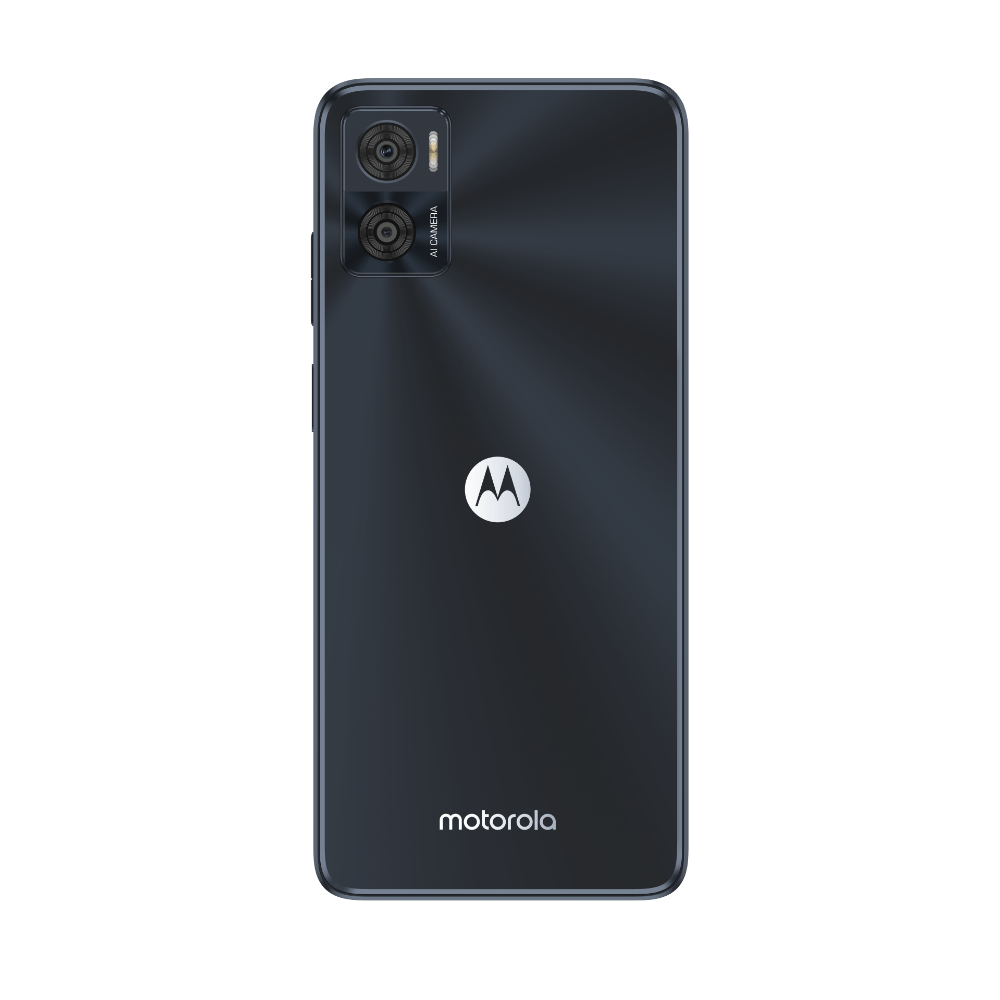 Tył czarnego telefonu Motorola, pokazujący aparat i logo.