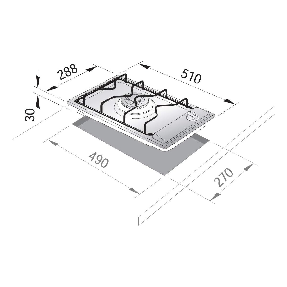 Widok z góry na kuchenkę gazową z wymiarami na białym tle.