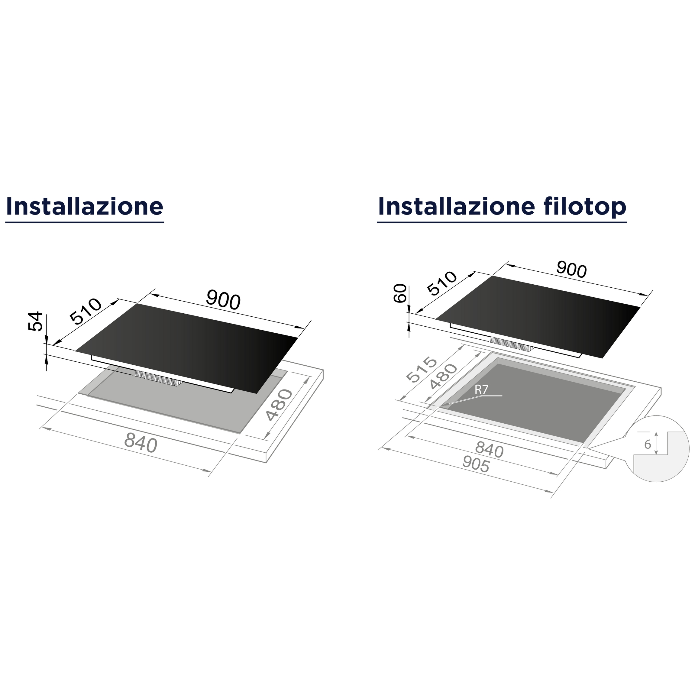 Schematy pokazujące opcje instalacji czarnej płyty grzewczej, z wymiarami w milimetrach.