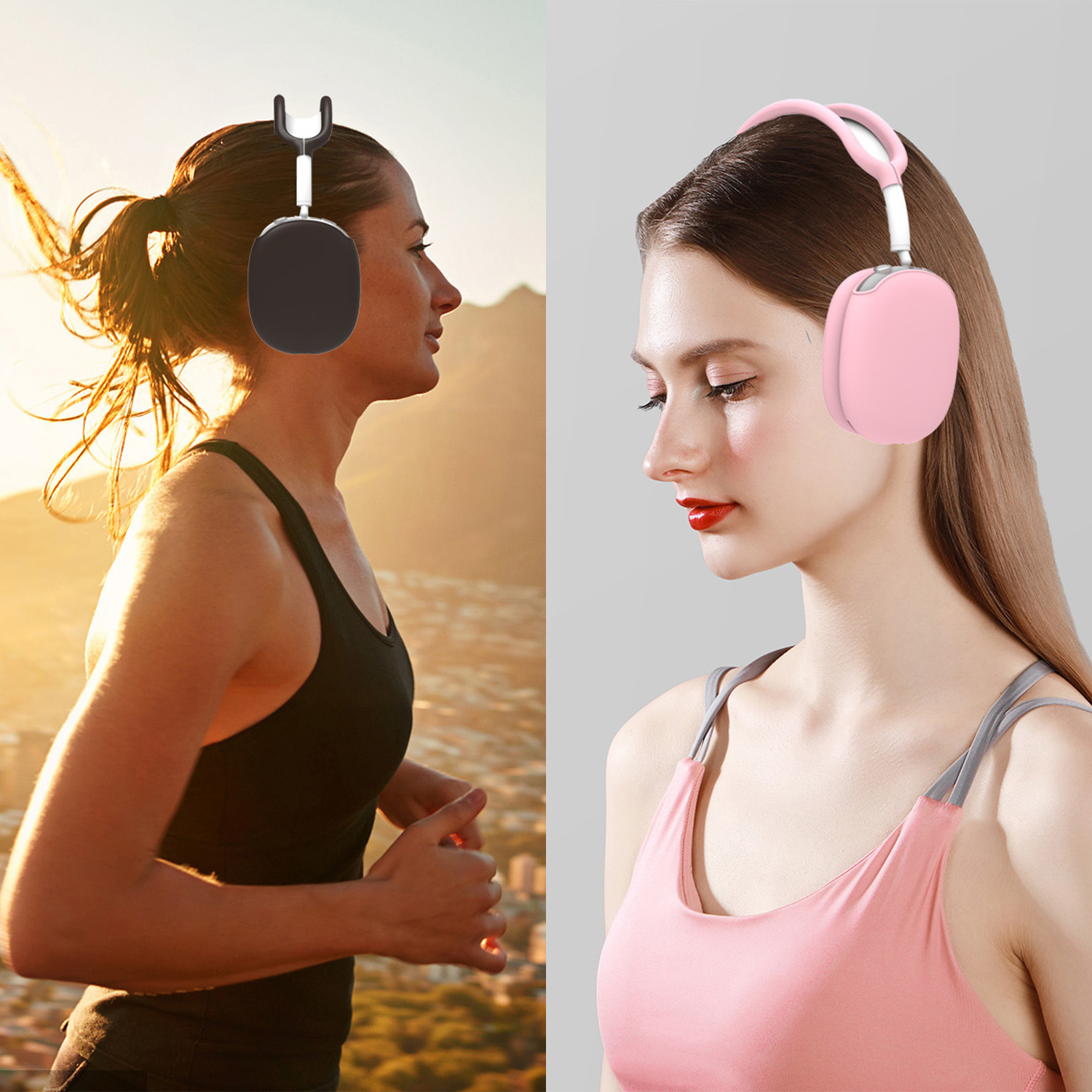 Dwie kobiety w słuchawkach, jedna biegnie, druga w różowych słuchawkach patrzy w dół.