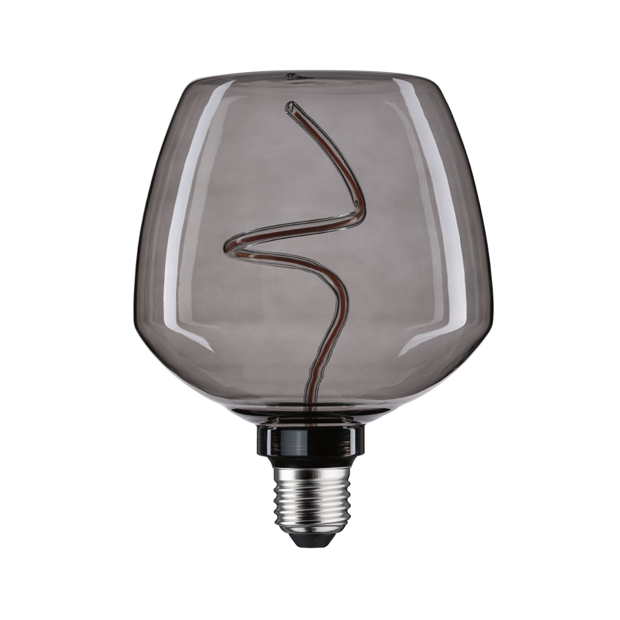 Żarówka ze przydymionego szkła z spiralnym włóknem. Żarówka ma unikalny kształt.