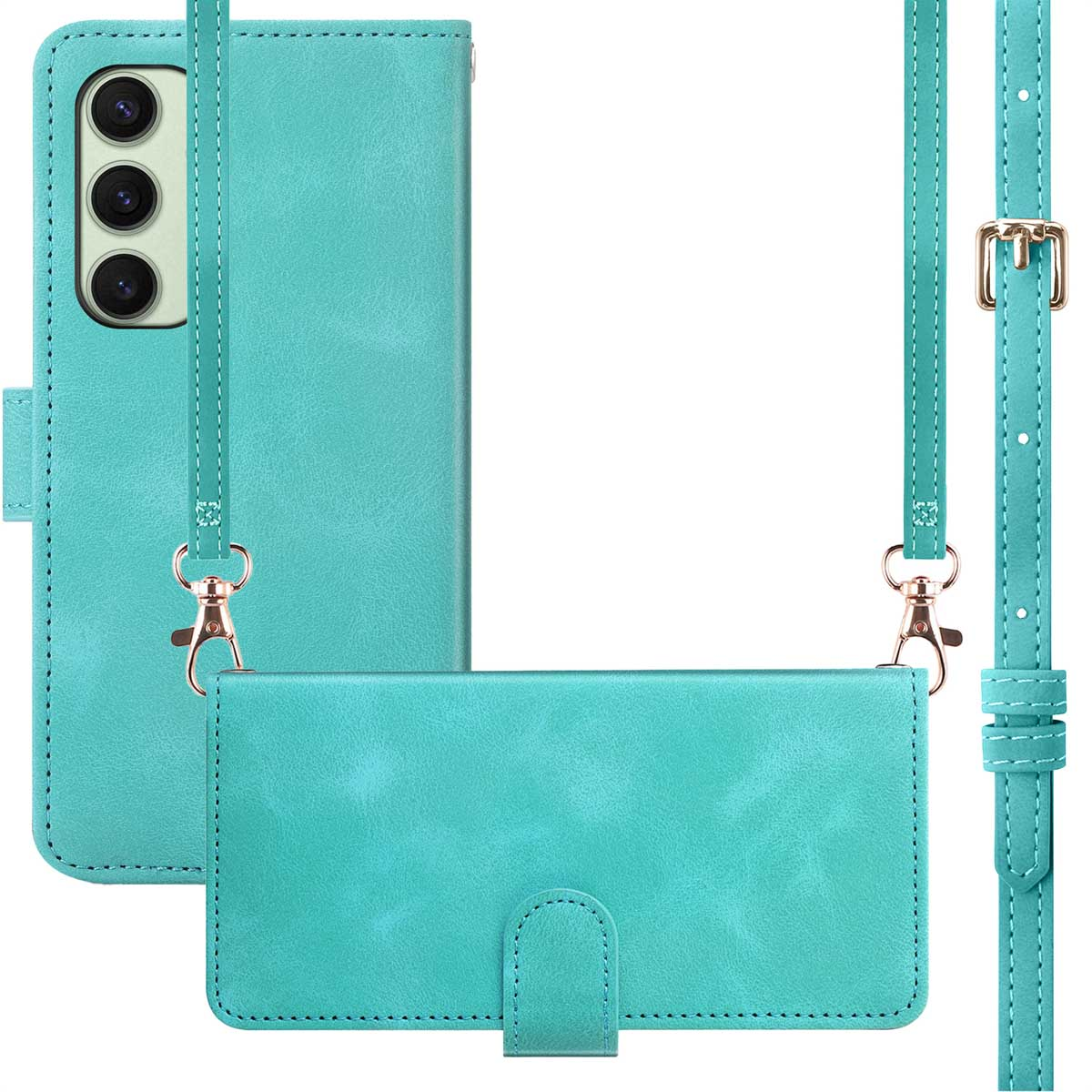 Coque de téléphone sarcelle avec une sangle assortie et une boucle dorée. La coque est fermée.