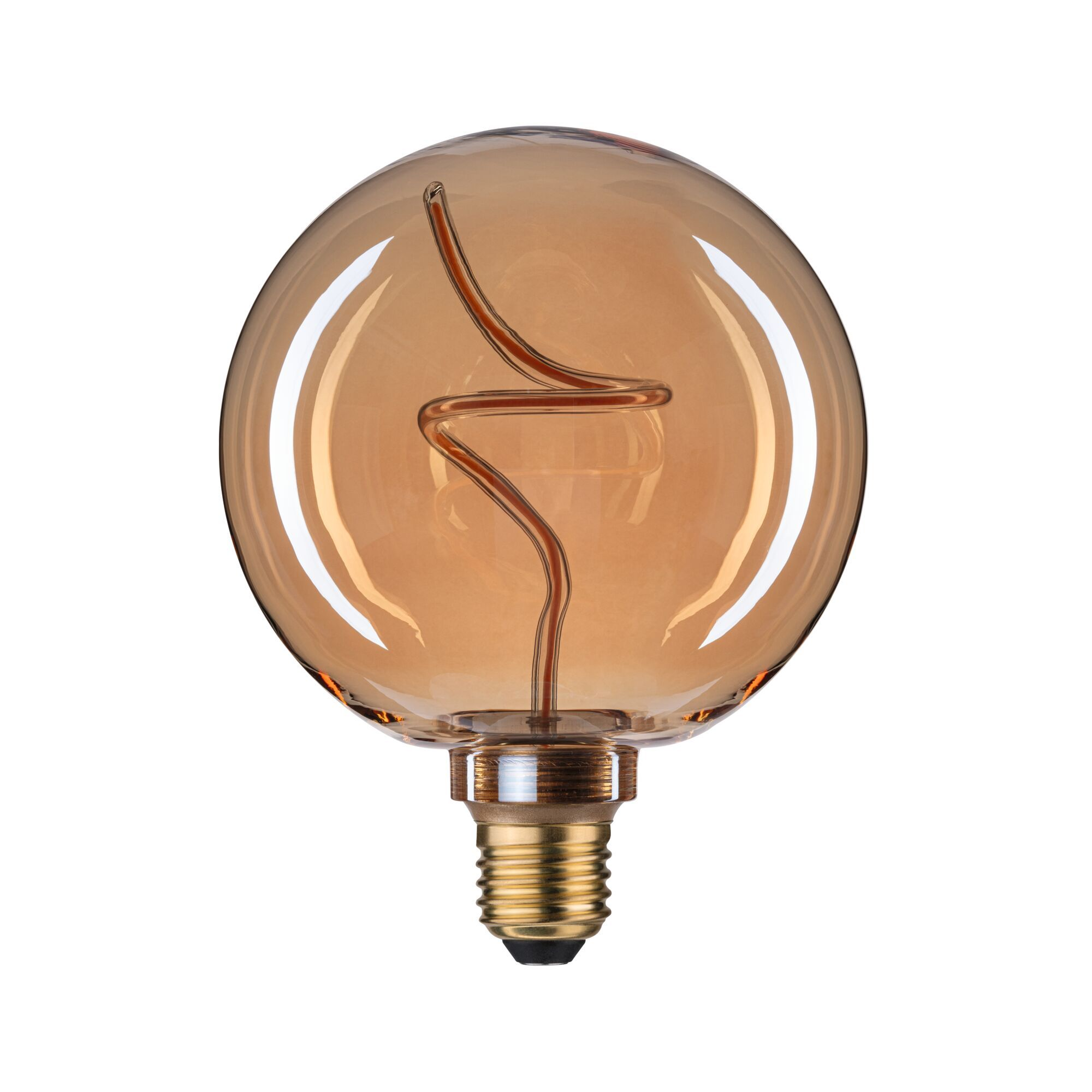 Duża, okrągła żarówka w kolorze bursztynu z unikalnym żarnikiem.