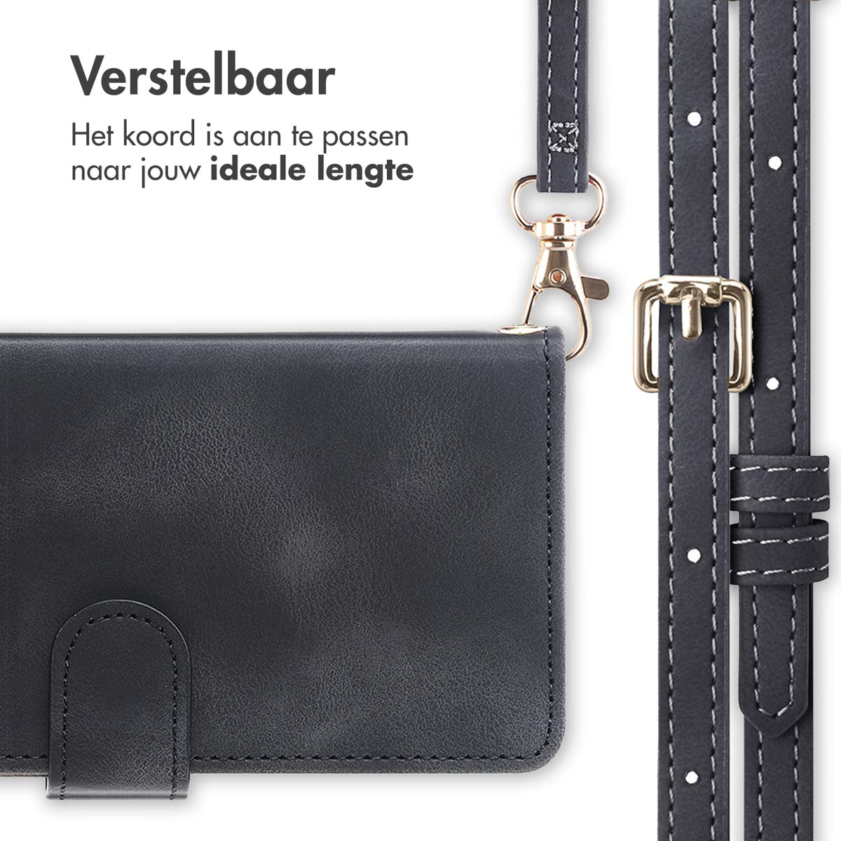 Coque de téléphone noire avec sangle réglable et boucle. Le texte dit « Réglable » et « Longueur idéale ».