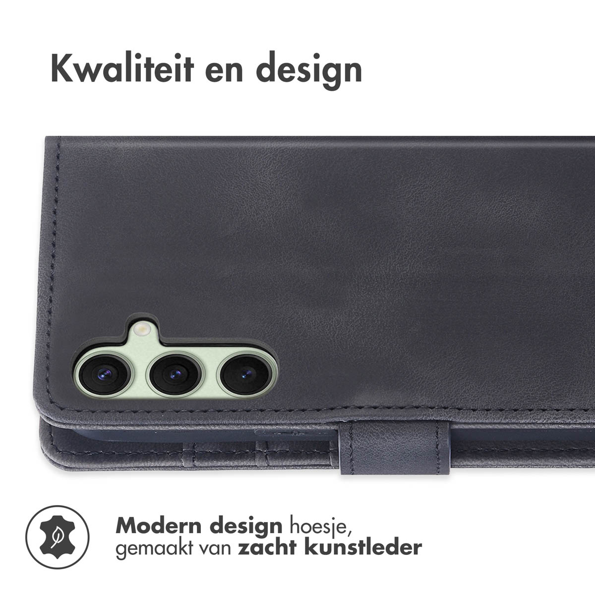 Étui de téléphone bleu foncé avec découpe pour appareil photo. Le texte dit design moderne.