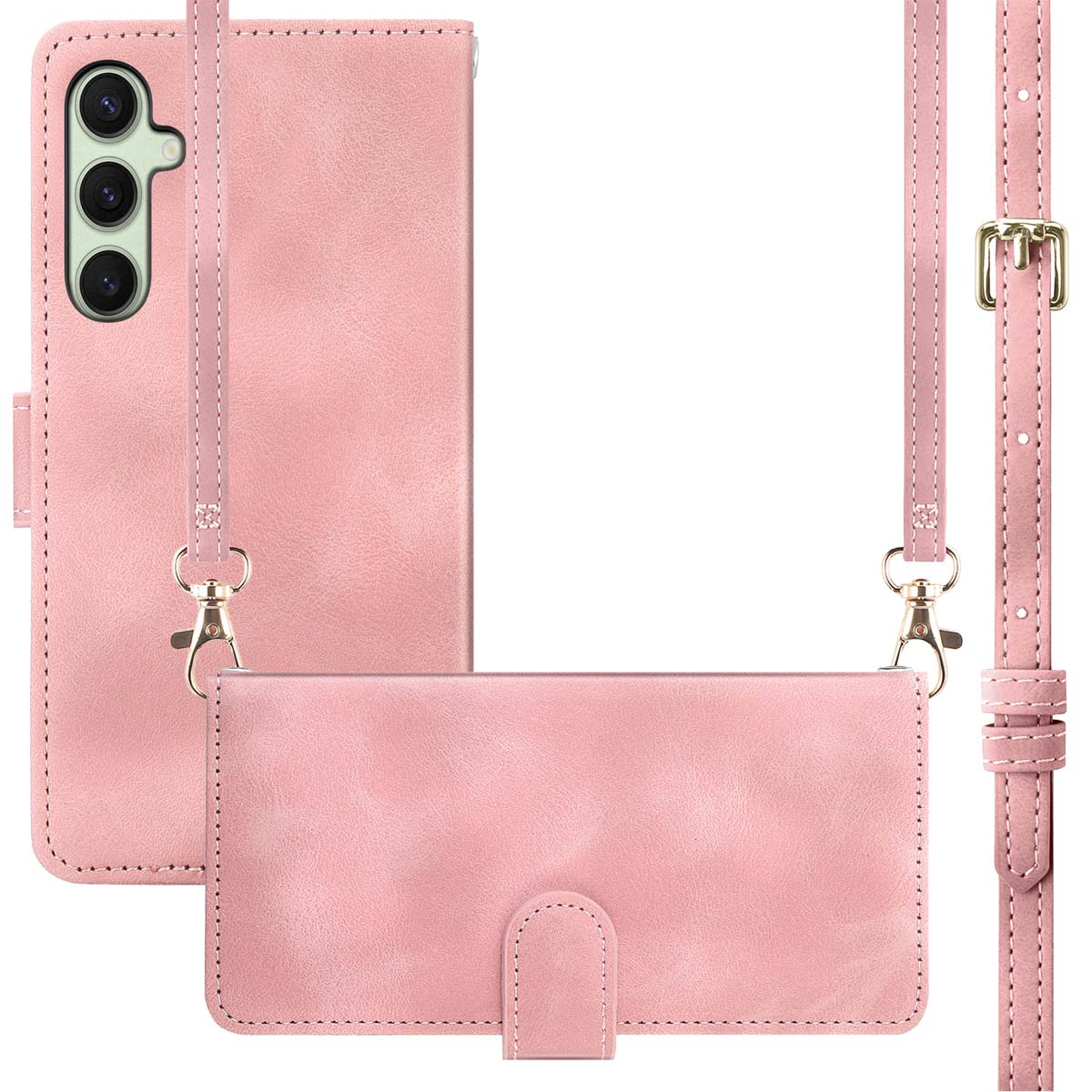 Coque de téléphone rose avec sangle amovible. Étui avec fentes pour téléphone et cartes. Sangle avec boucle et crochets.