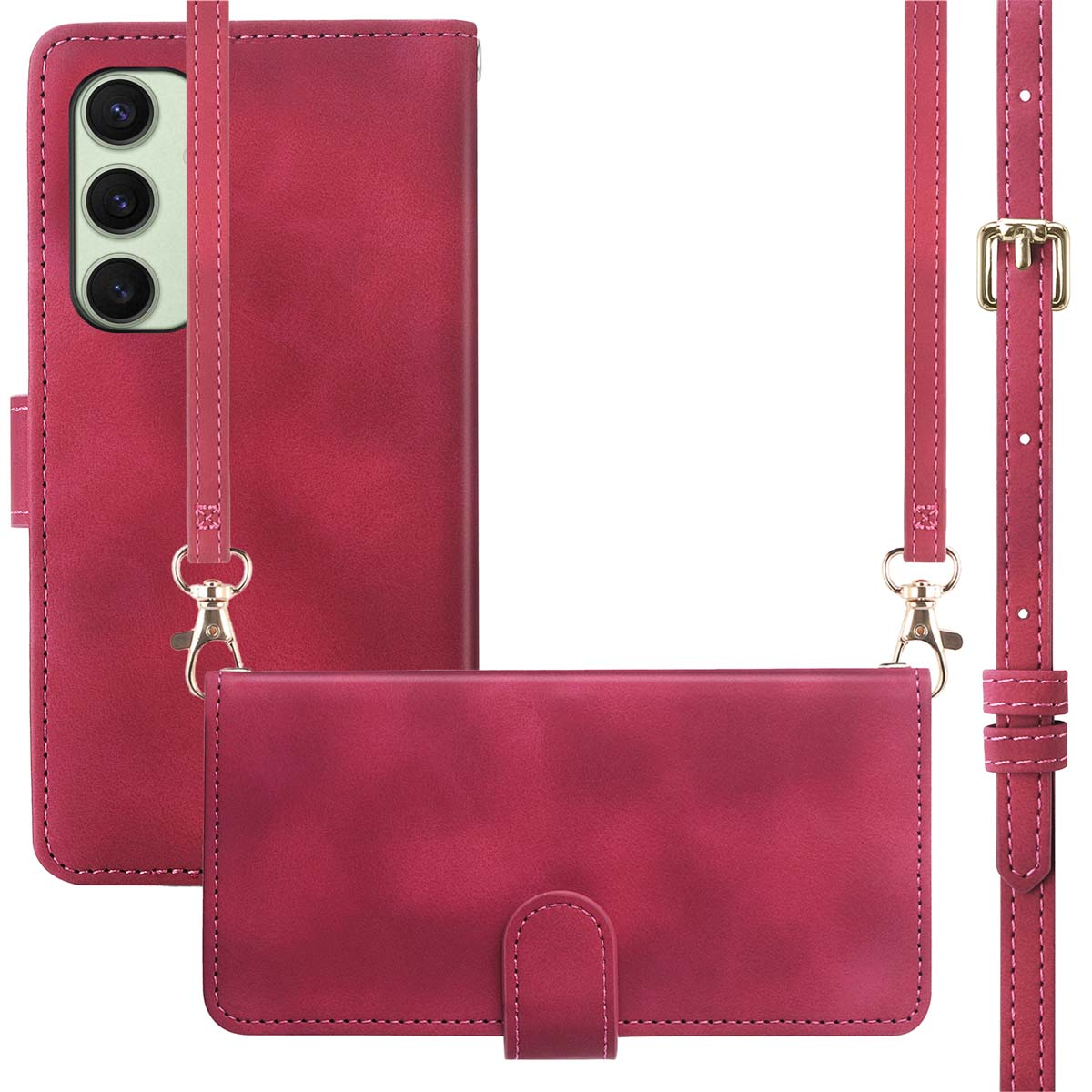 Coque de téléphone rouge avec sangle et section portefeuille détachable.