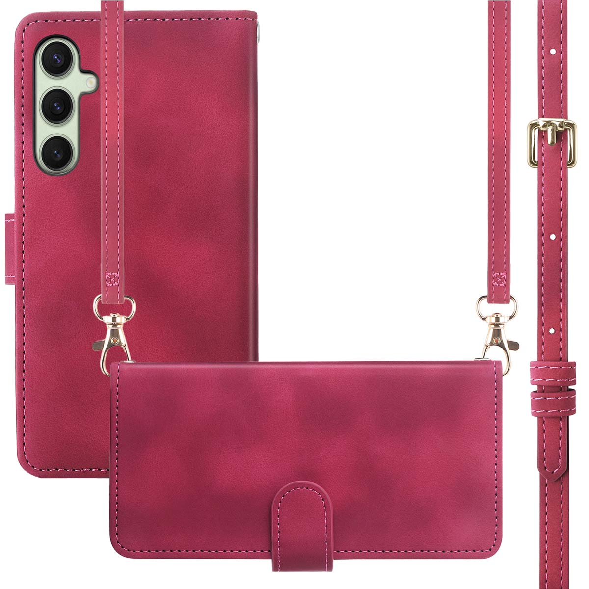 Coque de téléphone bordeaux avec une sangle. Un téléphone avec plusieurs caméras.