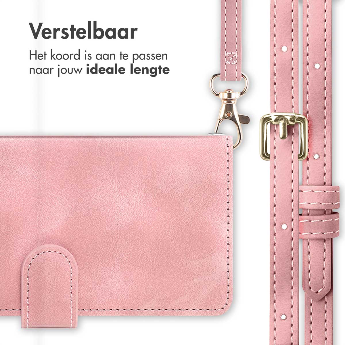 Une coque de téléphone rose avec une sangle assortie et une boucle dorée. Gros plan.