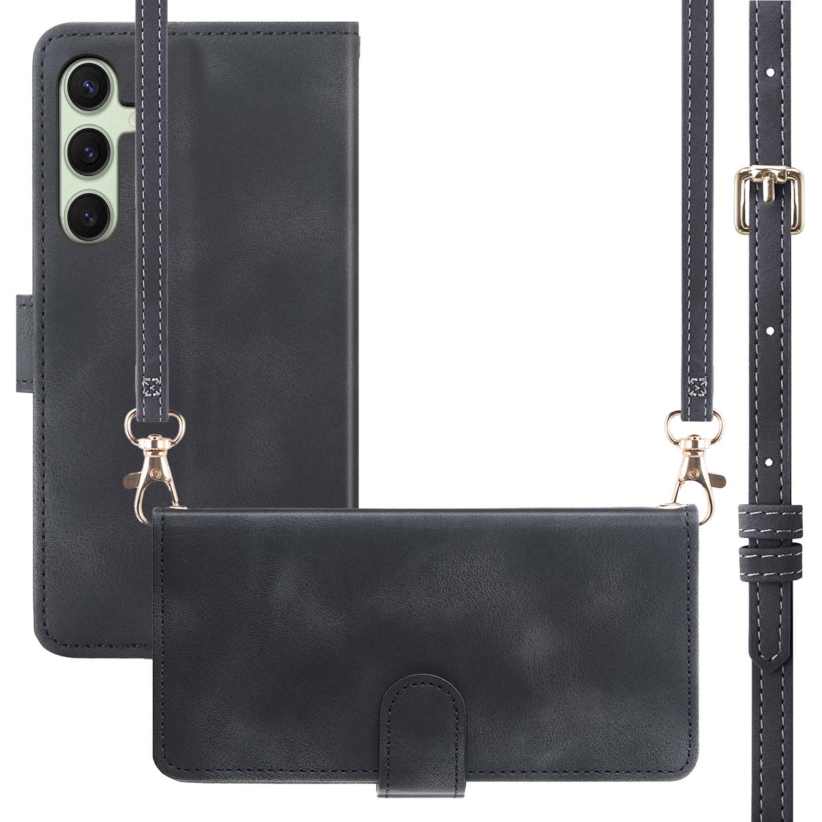 Zwart telefoonhoesje met riem. Hoesje houdt de telefoon vast, met kaartsleuven. Riem en sluiting zijn zichtbaar.