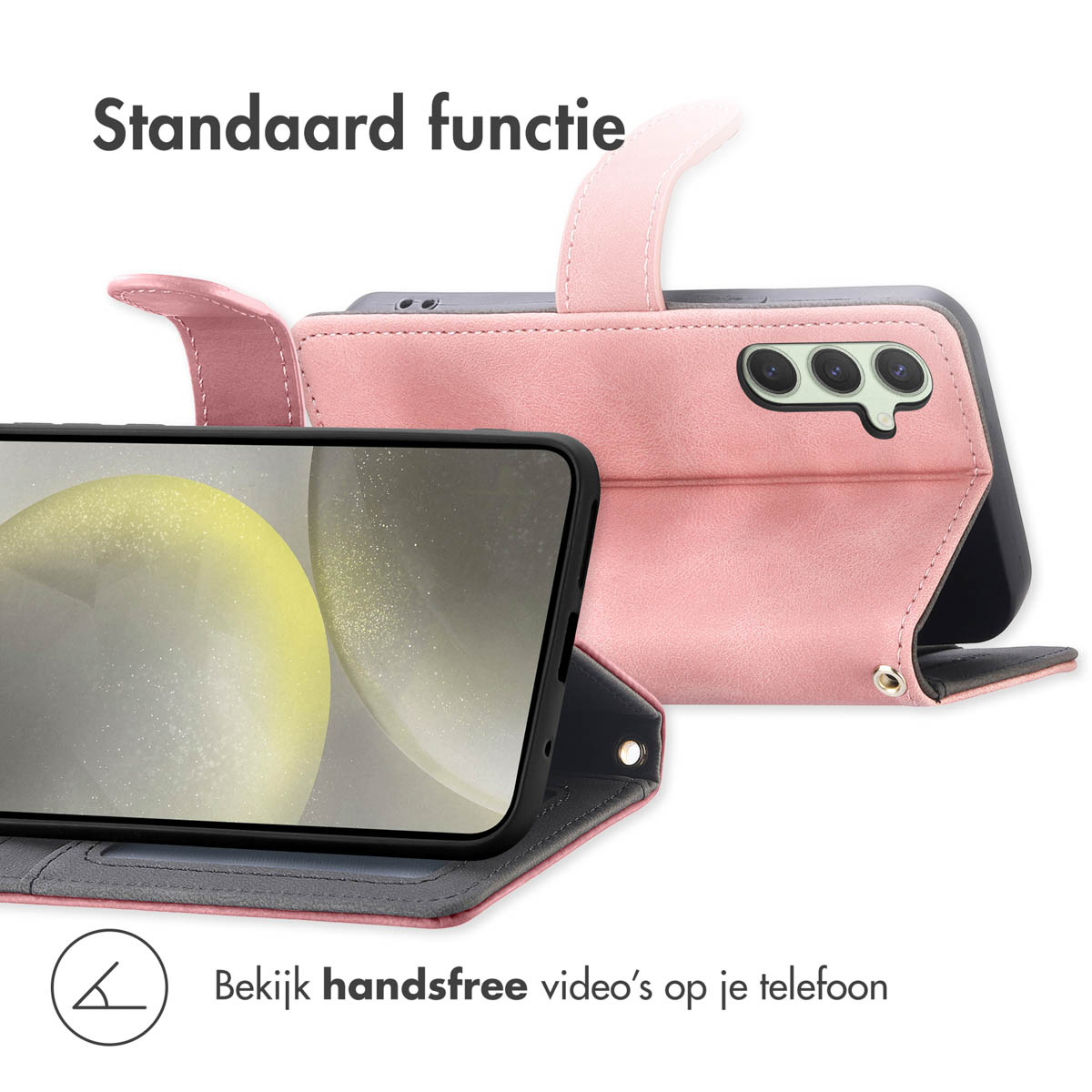 Étui de téléphone rose avec un téléphone à l'intérieur, montrant l'écran. L'étui a une poignée.