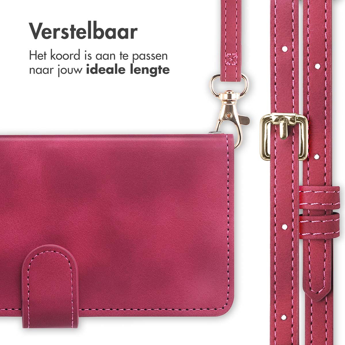 Gros plan d'un étui de téléphone et d'une sangle rouges avec des accessoires dorés.