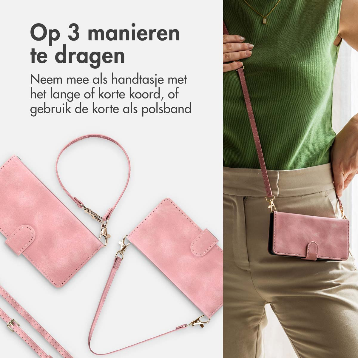 Femme portant une coque rose en bandoulière. D'autres étuis et sangles sont présentés. Texte : « 3 façons de porter ».