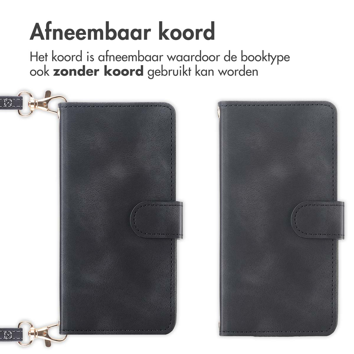 Twee zwarte telefoonhoesjes met afneembare koorden. Eén hoesje heeft een koord bevestigd.