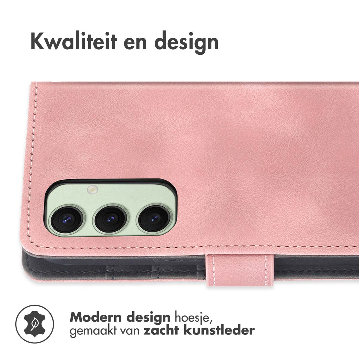Une coque de téléphone rose. Texte : Étui design moderne, fabriqué en similicuir souple.
