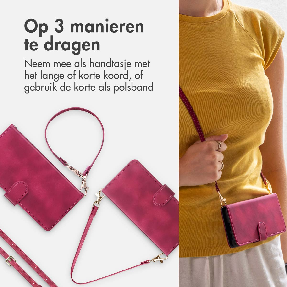 Femme portant une coque rouge en bandoulière. D'autres étuis et sangles sont présentés. Texte : « 3 façons de porter ».