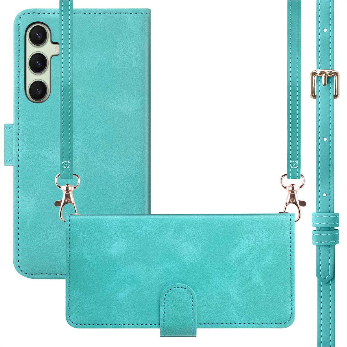 Turquoise telefoonportemonnee-hoesje met riem en gouden gesp.