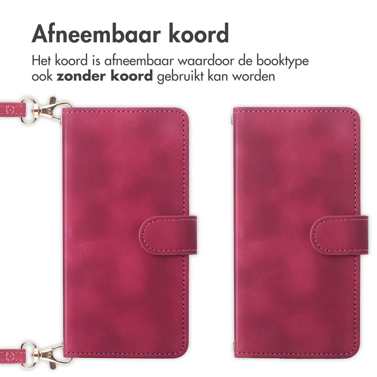 Rode telefoonhoes met afneembare riem. De hoes is open en toont de telefoon binnenin.