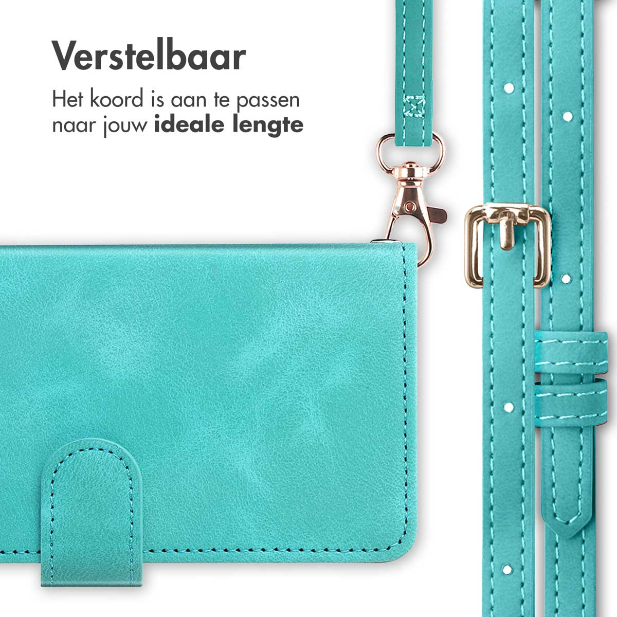 Teal telefoonhoes en riem. De hoes is links en de riem rechts, met gouden sluitingen op witte achtergrond.