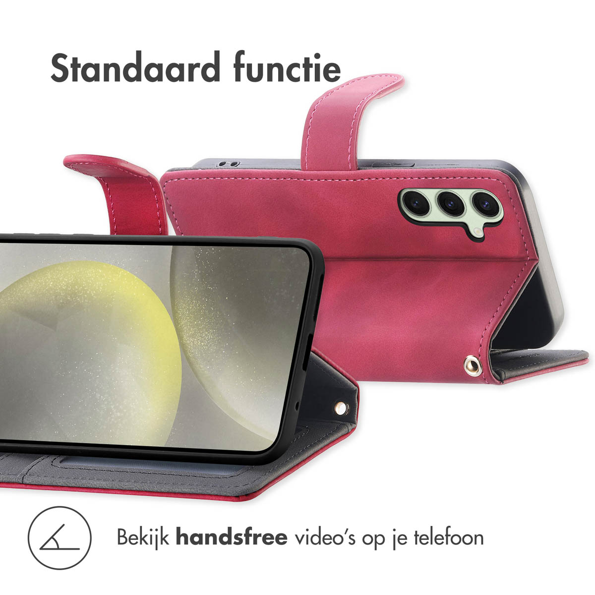 Roze telefoonhoesje met telefoon. Tekst: 'Standaard functie'.