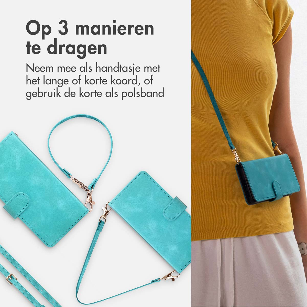 Een vrouw die een turquoise telefoonhoesje als crossbody tas draagt. Twee extra hoesjes en bandjes zijn ook zichtbaar.