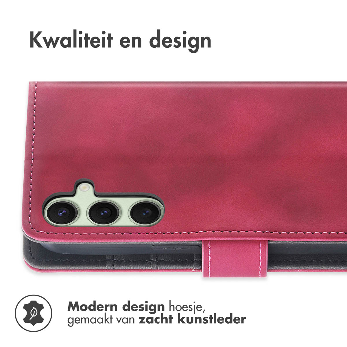 Rode telefoonhoes met camera gaten. Tekst zegt 'Kwaliteit en design' en 'Modern design'.
