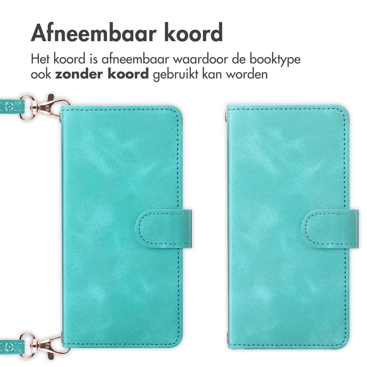Twee turquoise telefoonhoesjes met tekst. Eén heeft een afneembaar koord.