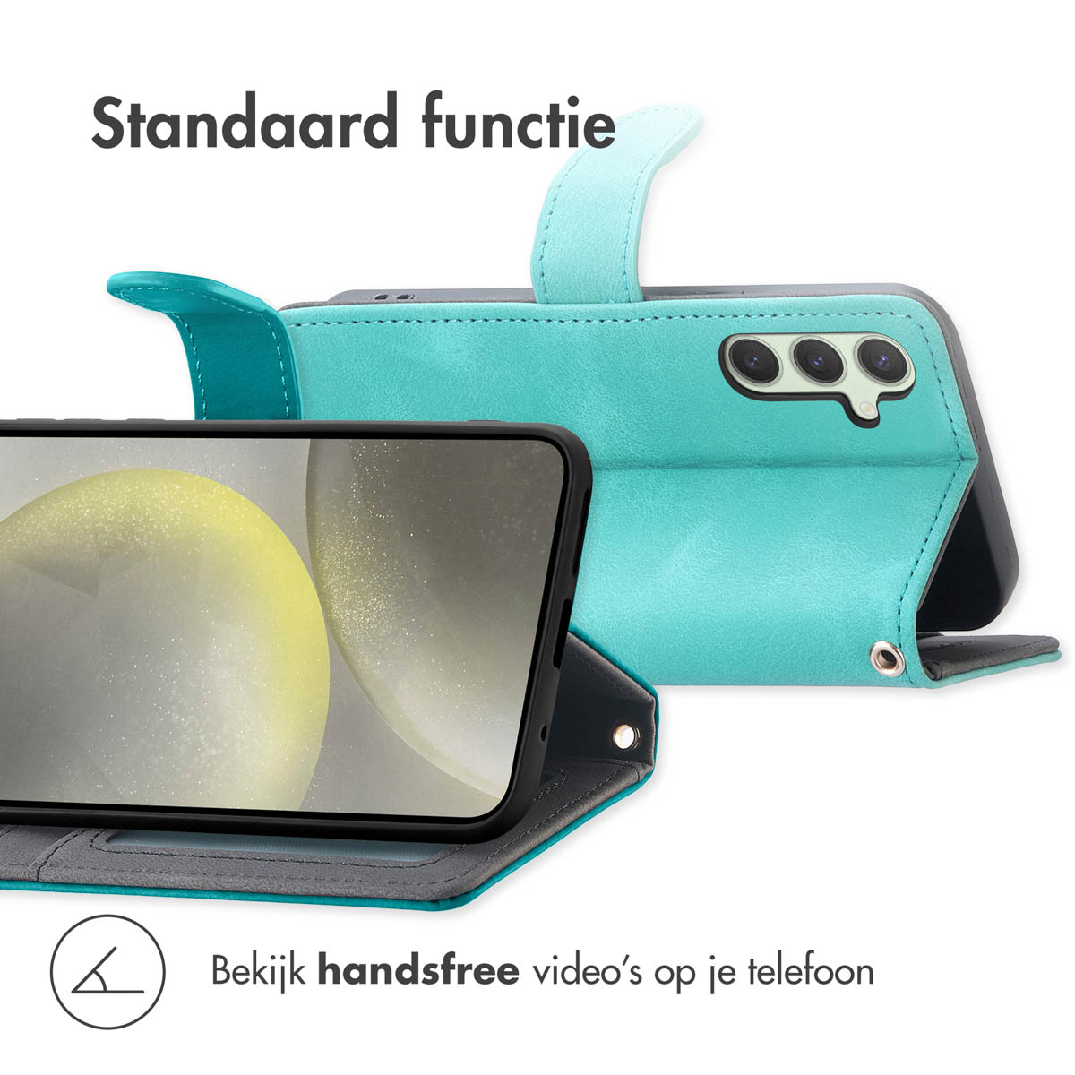 Turquoise telefoonhoes met een telefoon die een scherm toont. De hoes is open.