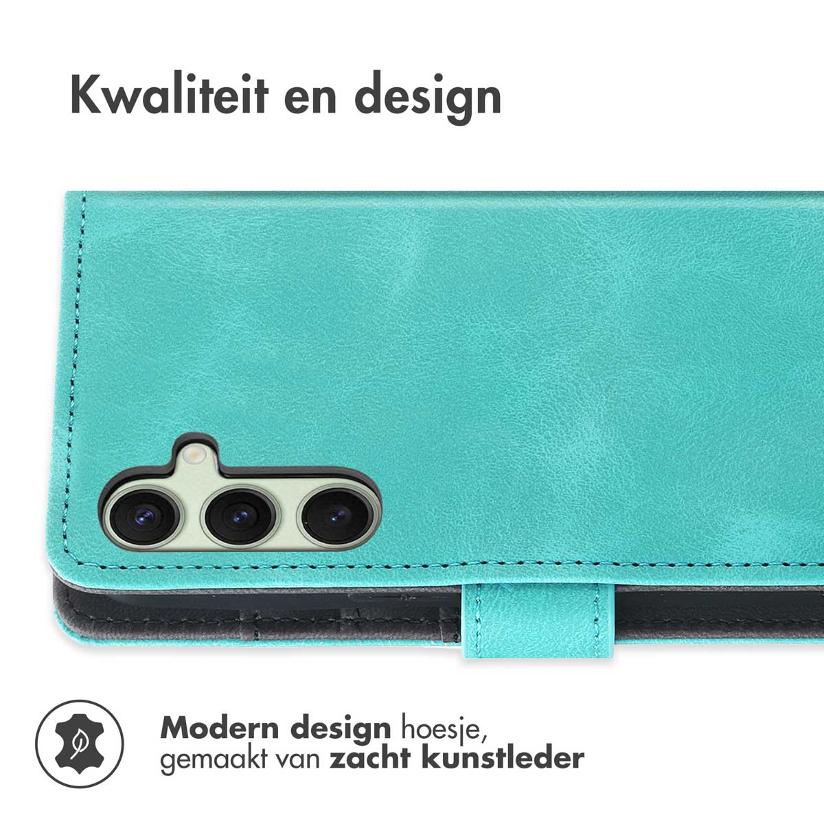 Een close-up van een turquoise telefoonhoesje met een gestructureerd oppervlak. De case is open.