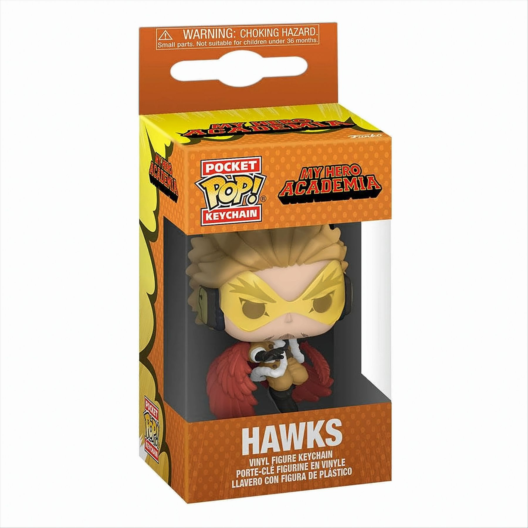 Hawks Pocket Pop! Schlüsselanhänger in einer Box mit Text und einem Charakterbild.