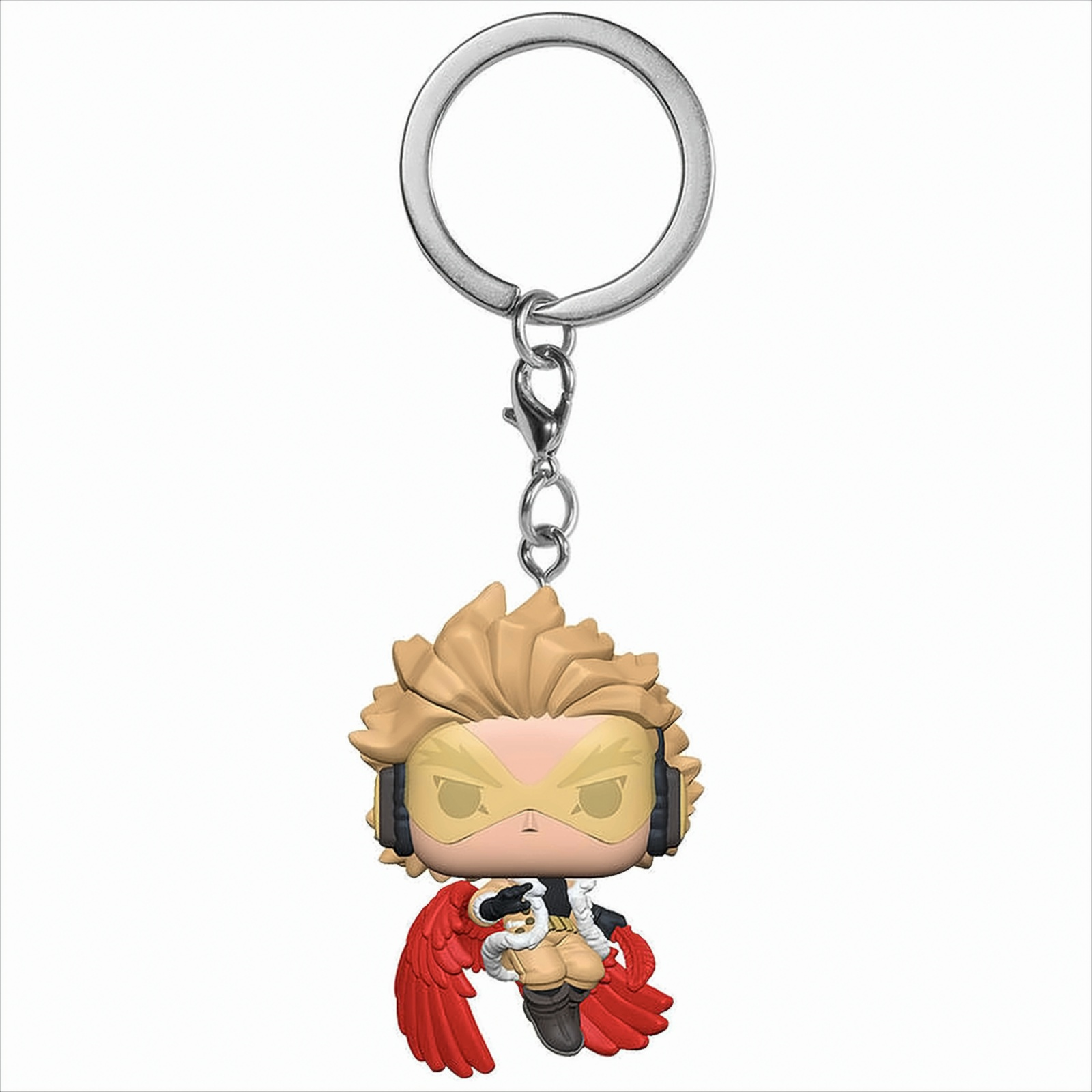 Hawks Funko Pop Schlüsselanhänger, rote Flügel, goldene Maske, blonde Haare.
