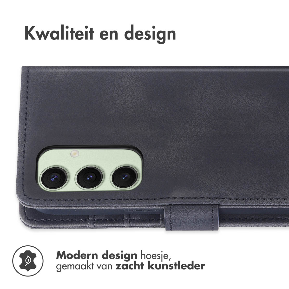 Een close-up van een zwarte telefoonhoes met een telefoon erin. De hoes is zwart. De telefoon heeft camera's.