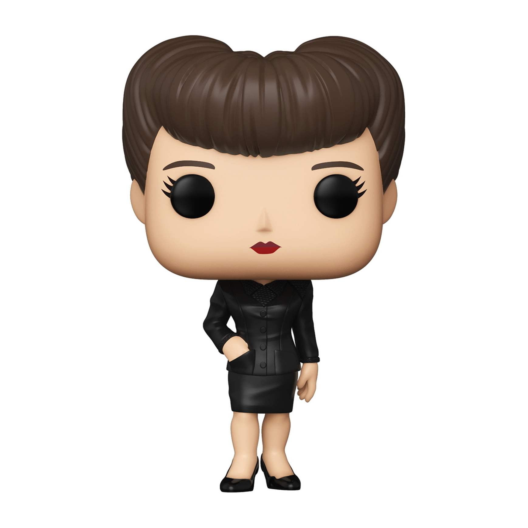 Eine Funko Pop Figur einer Frau in einem schwarzen Anzug, auf weißem Hintergrund.