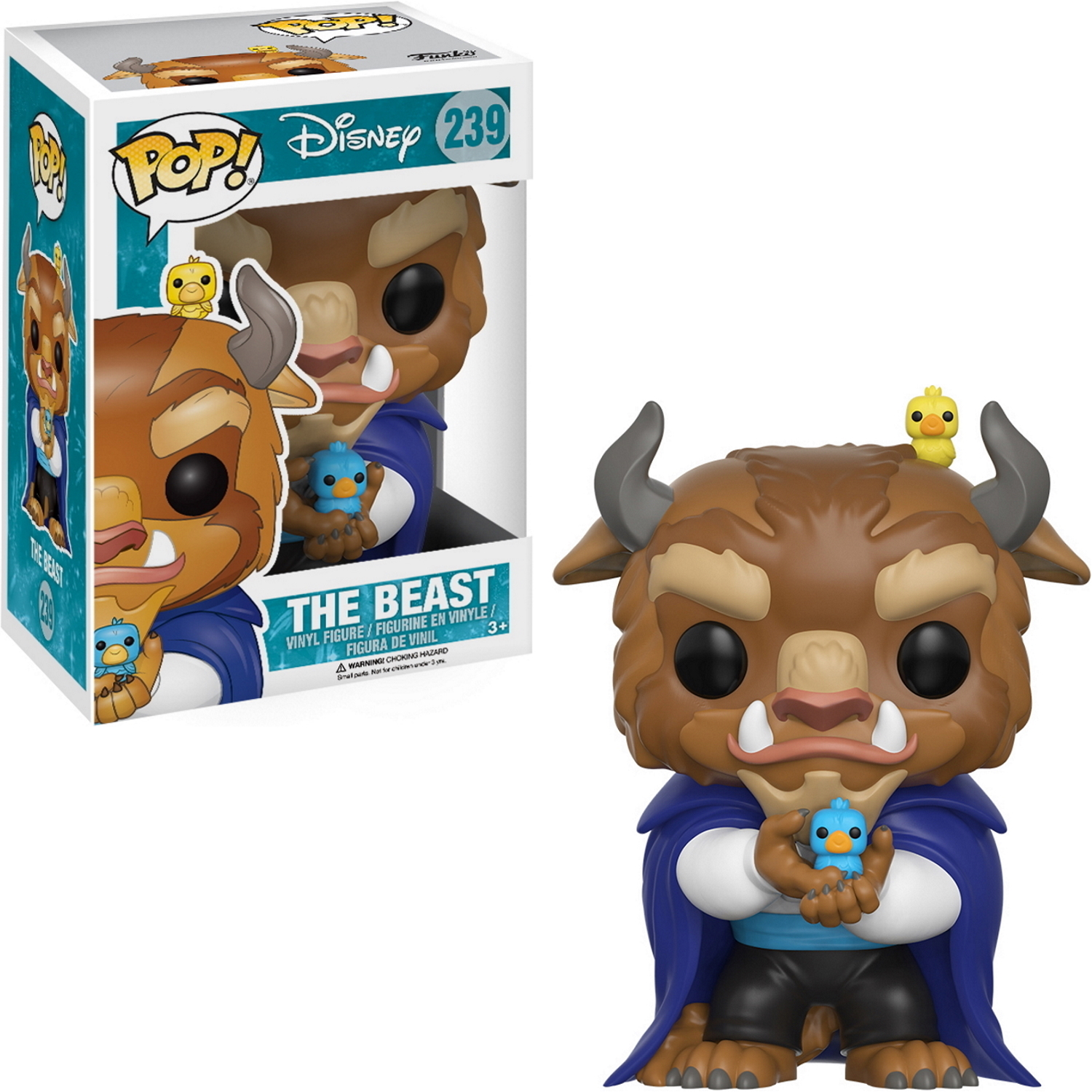 Figura Bestii trzymająca niebieskiego ptaka z filmu Piękna i Bestia. Z opakowaniem po lewej.