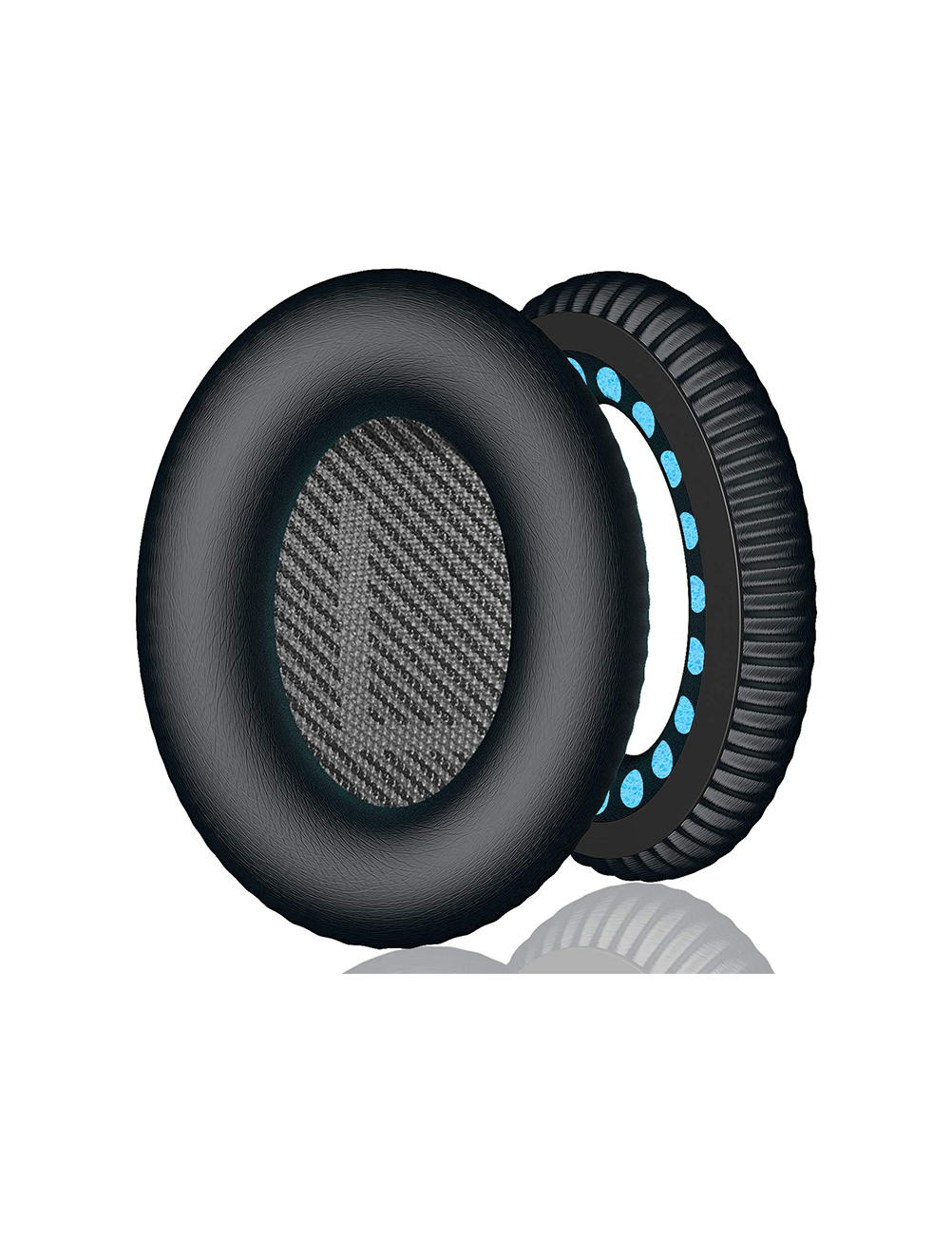 Dwie czarne nauszniki do słuchawek, jedna po lewej i jedna po prawej, na białym tle.