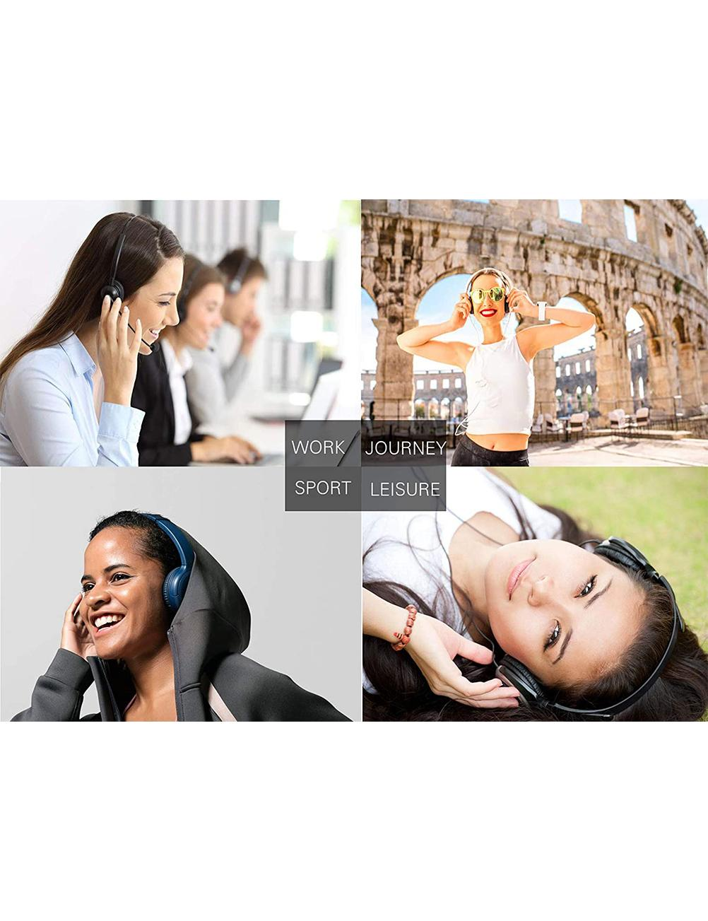 Cztery obrazy przedstawiają osoby noszące słuchawki w różnych otoczeniach. Praca, podróż, sport, wypoczynek.