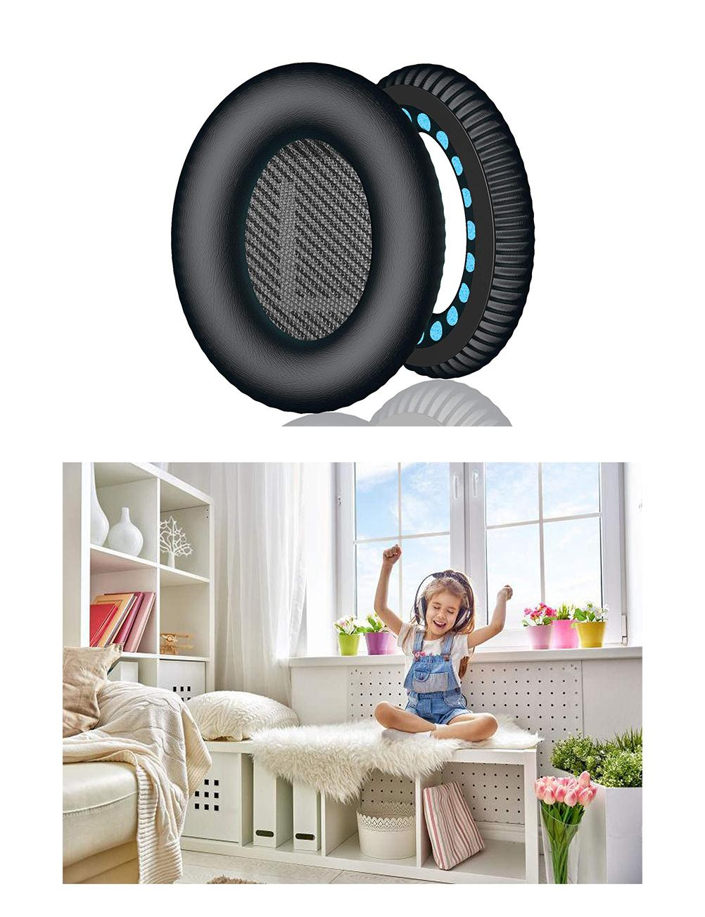 Dwie czarne nauszniki na białym tle. Dziewczyna słucha muzyki w tle.