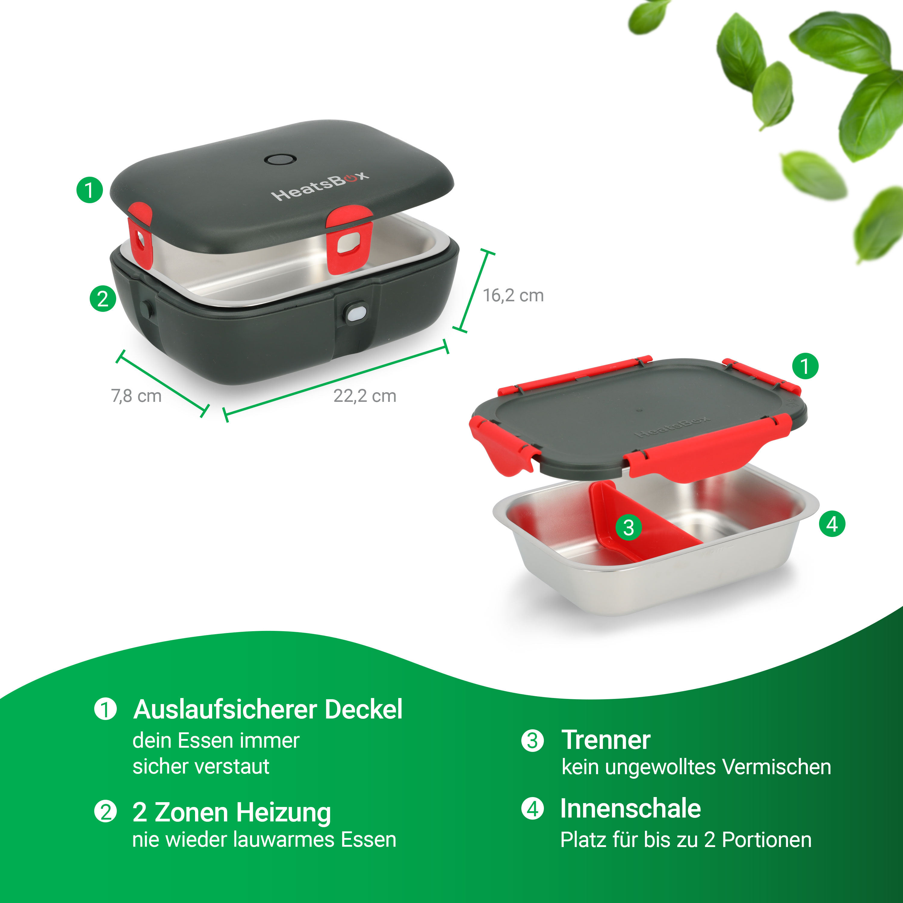 Vista esplosa di un portapranzo HeatsBox grigio che mostra il coperchio, la base e il contenitore interno.