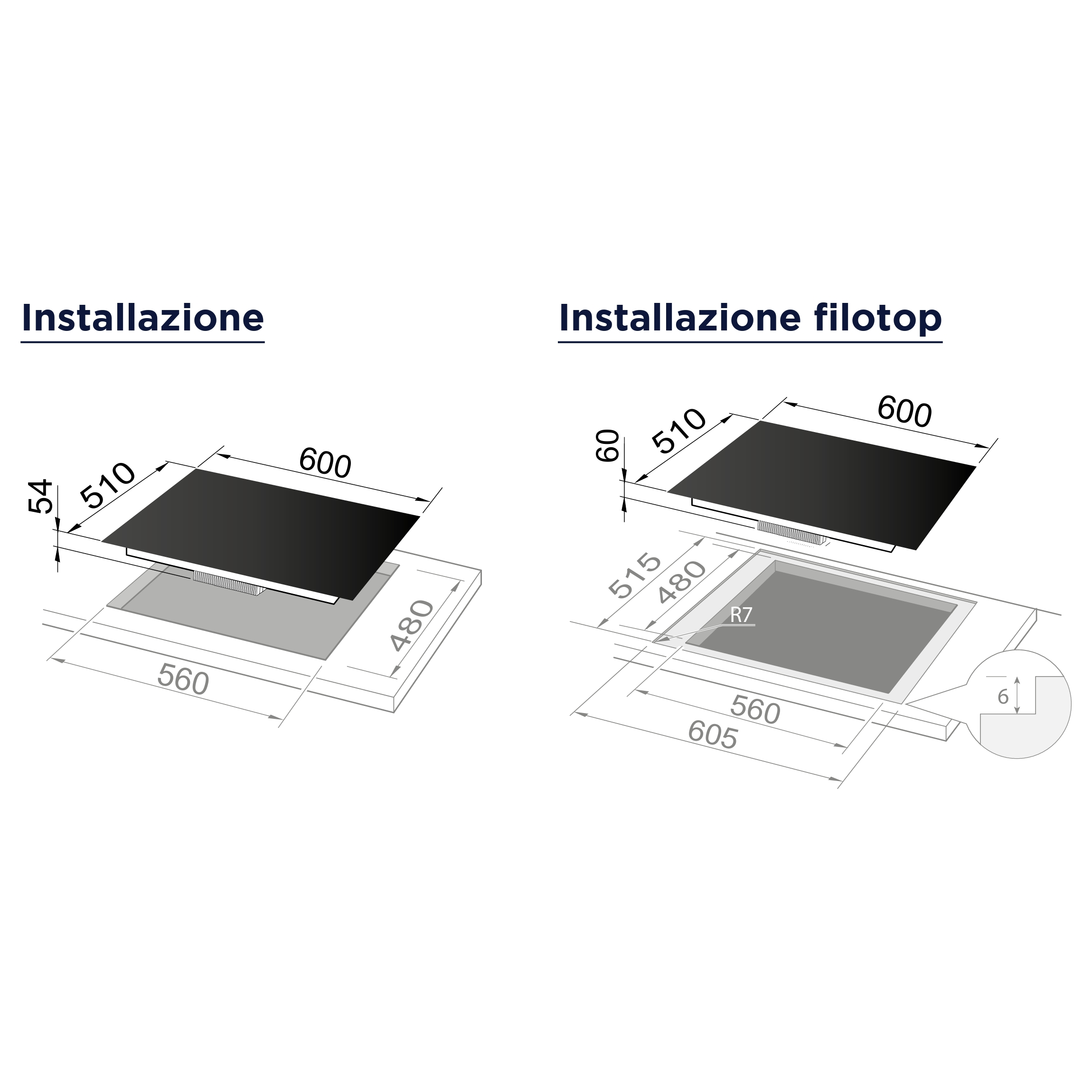 Diagramy przedstawiają dwie instalacje płyty grzewczej, standardową i równą, z wymiarami w milimetrach.