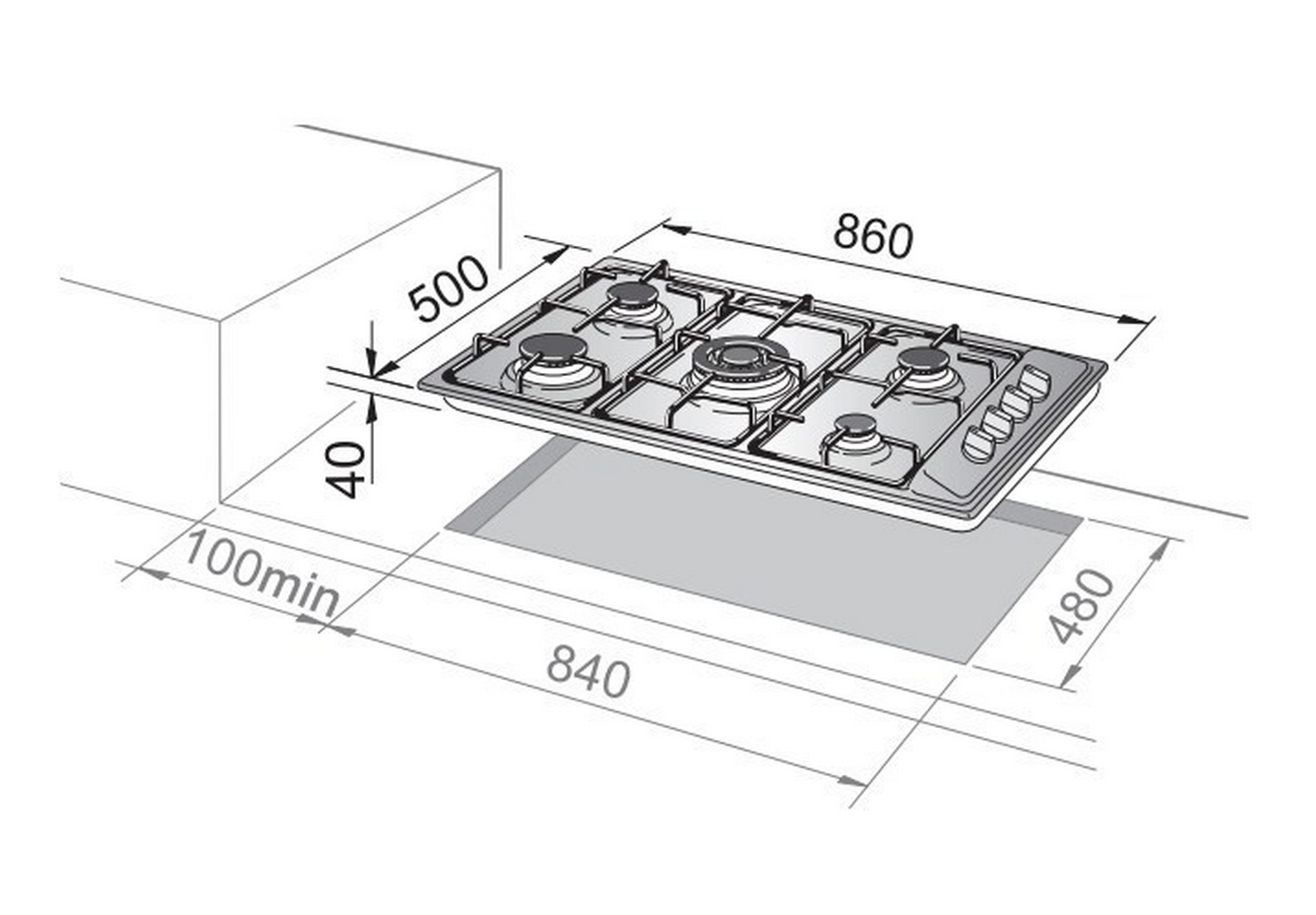 Schemat pokazujący płytę gazową z wymiarami. Wymiary w mm.