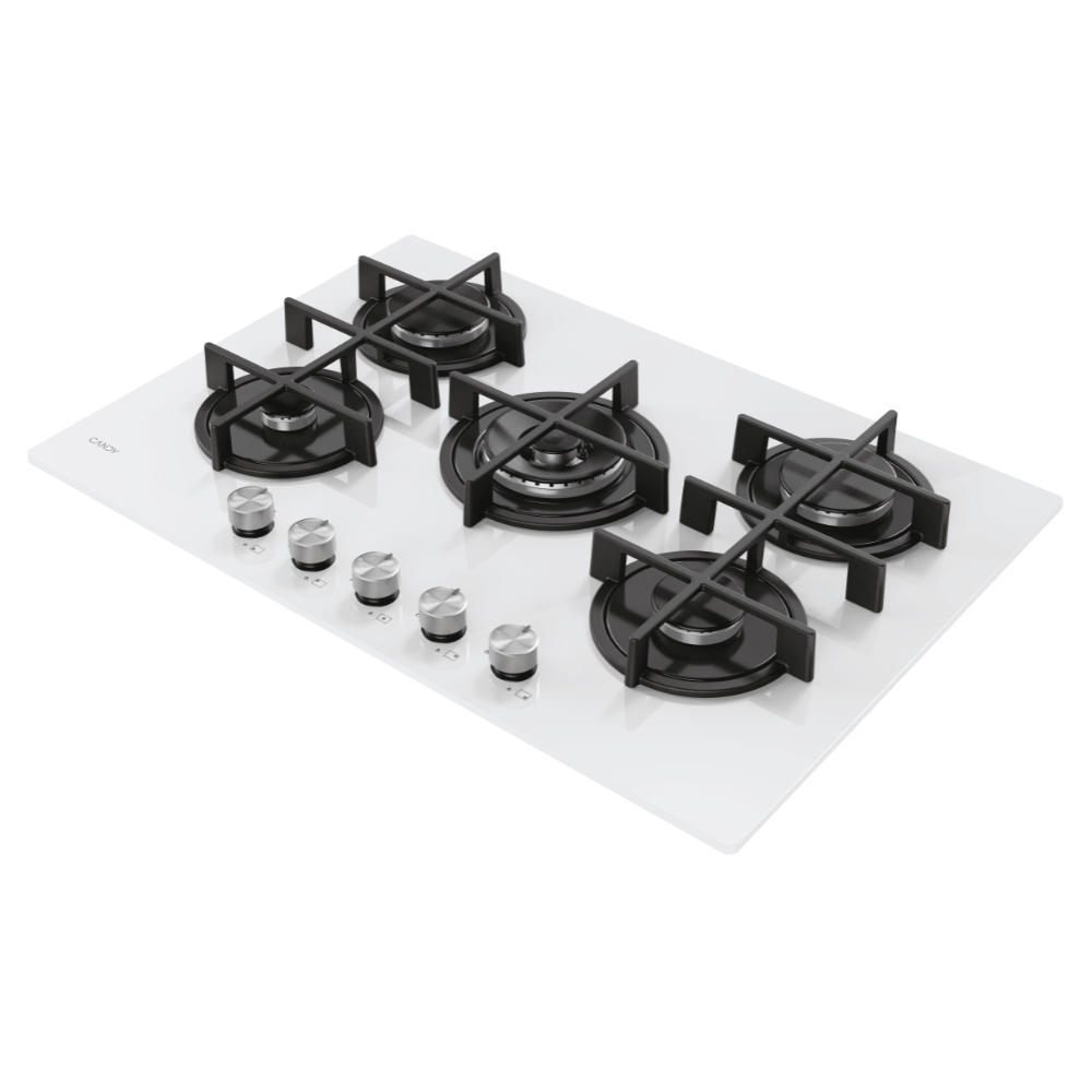 Biała kuchenka gazowa z pięcioma palnikami. Czarny ruszt i srebrne pokrętła.