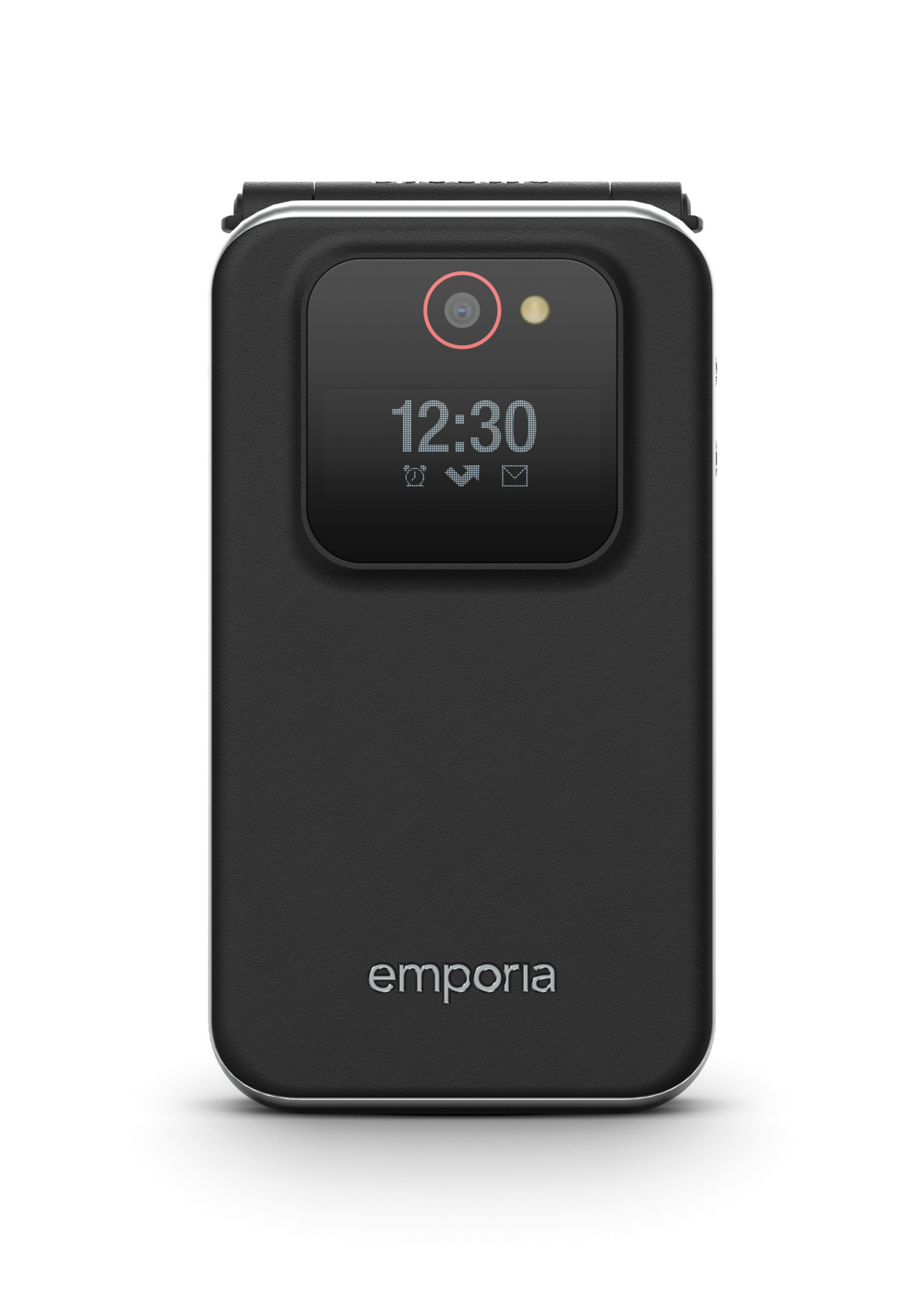 Teléfono plegable emporia negro con una pantalla que muestra las 12:30. Cámara y logo visibles.