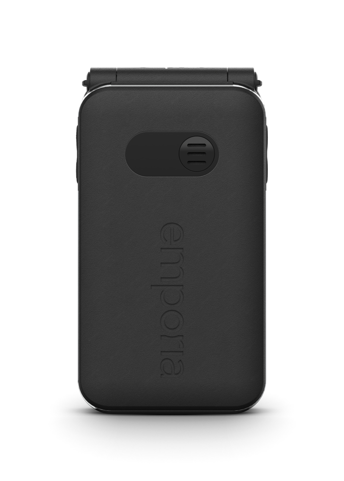 Teléfono plegable negro, cerrado. Marca Emporia en la cubierta.