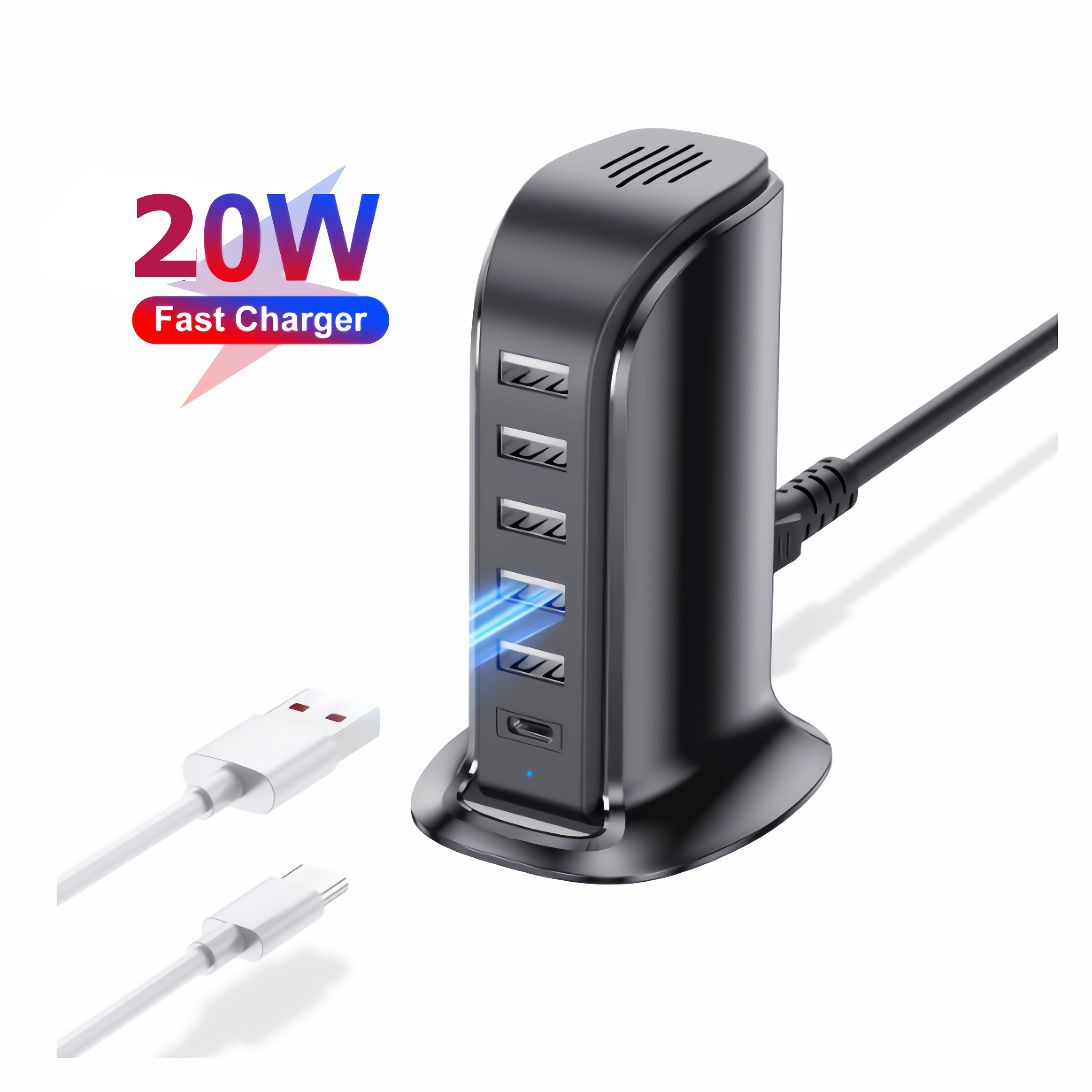 Ein schwarzes USB-Ladegerät mit sechs USB-Anschlüssen und Kabeln.