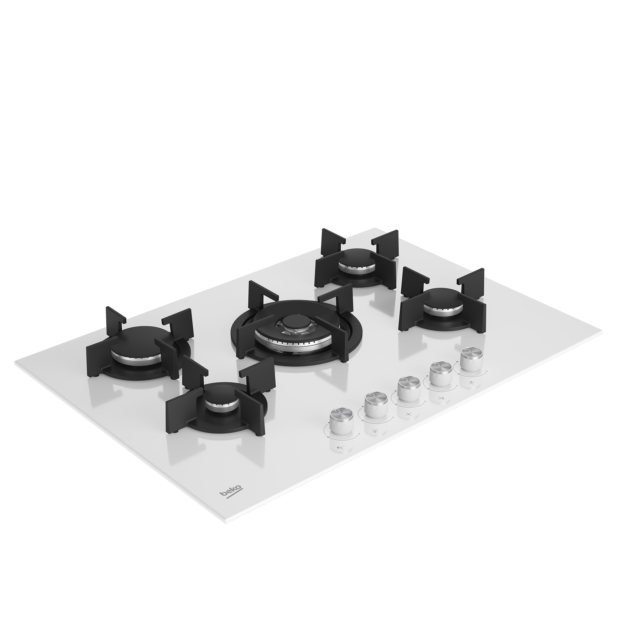 Biała kuchenka gazowa z pięcioma palnikami, czarnymi rusztami i srebrnymi pokrętłami na białej powierzchni.