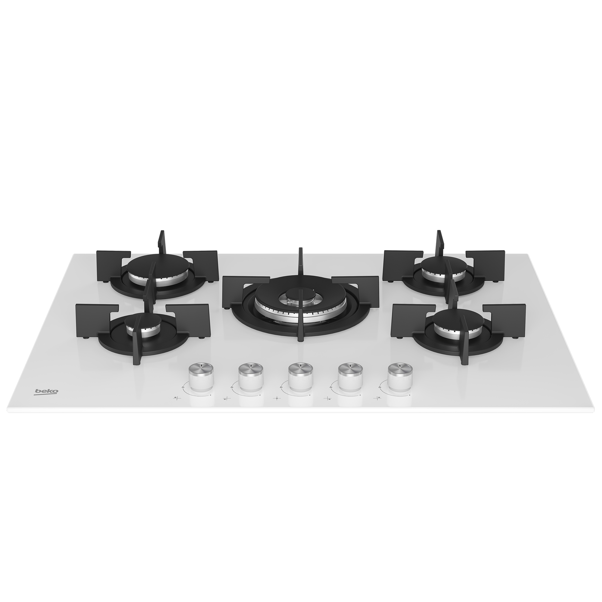 Biała płyta gazowa z pięcioma palnikami i srebrnymi pokrętłami.