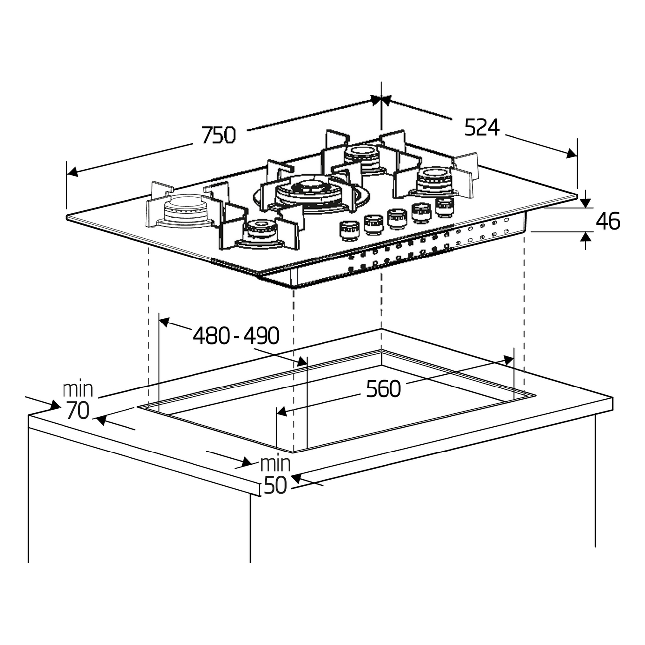 Płyta gazowa z wymiarami. Pokazuje widoki z góry i z boku z wymiarami w mm.