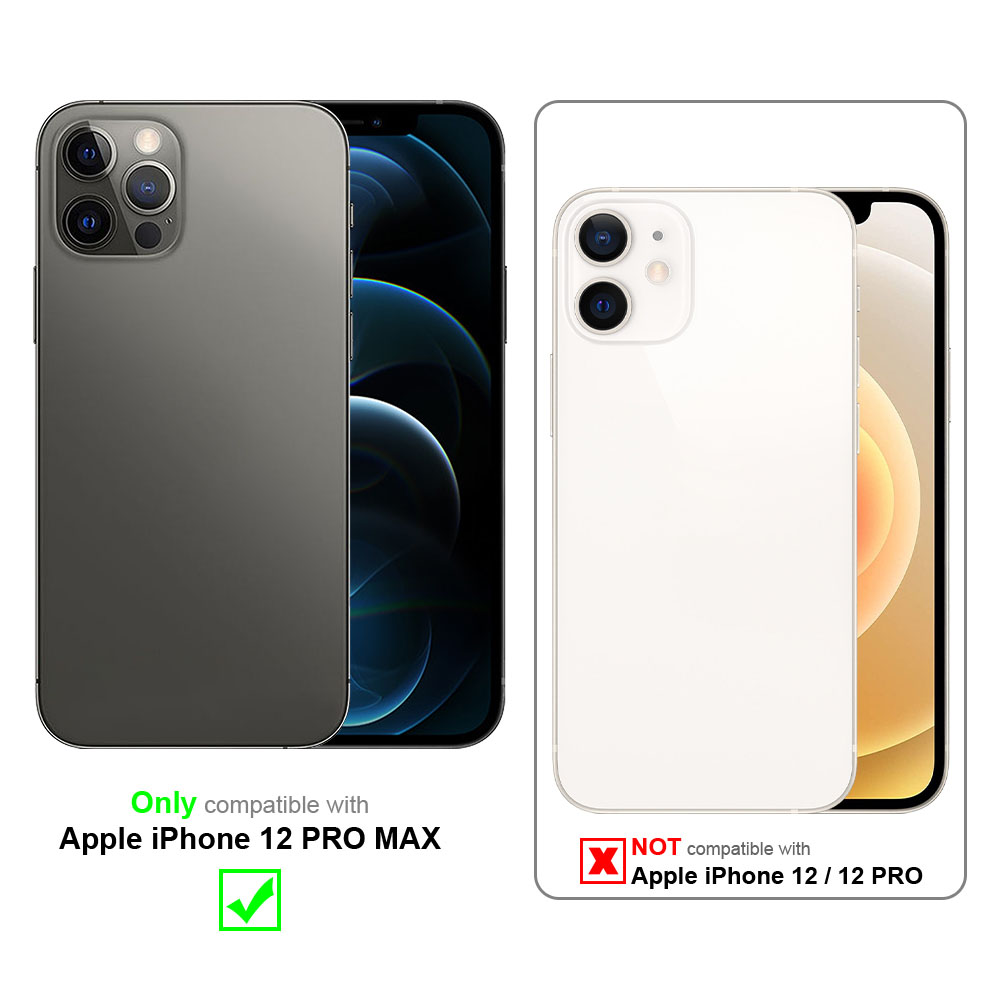 Zwei Telefonbilder. Eines grau, kompatibel mit iPhone 12 Pro Max. Das andere weiß, nicht kompatibel mit iPhone 12/12 Pro.