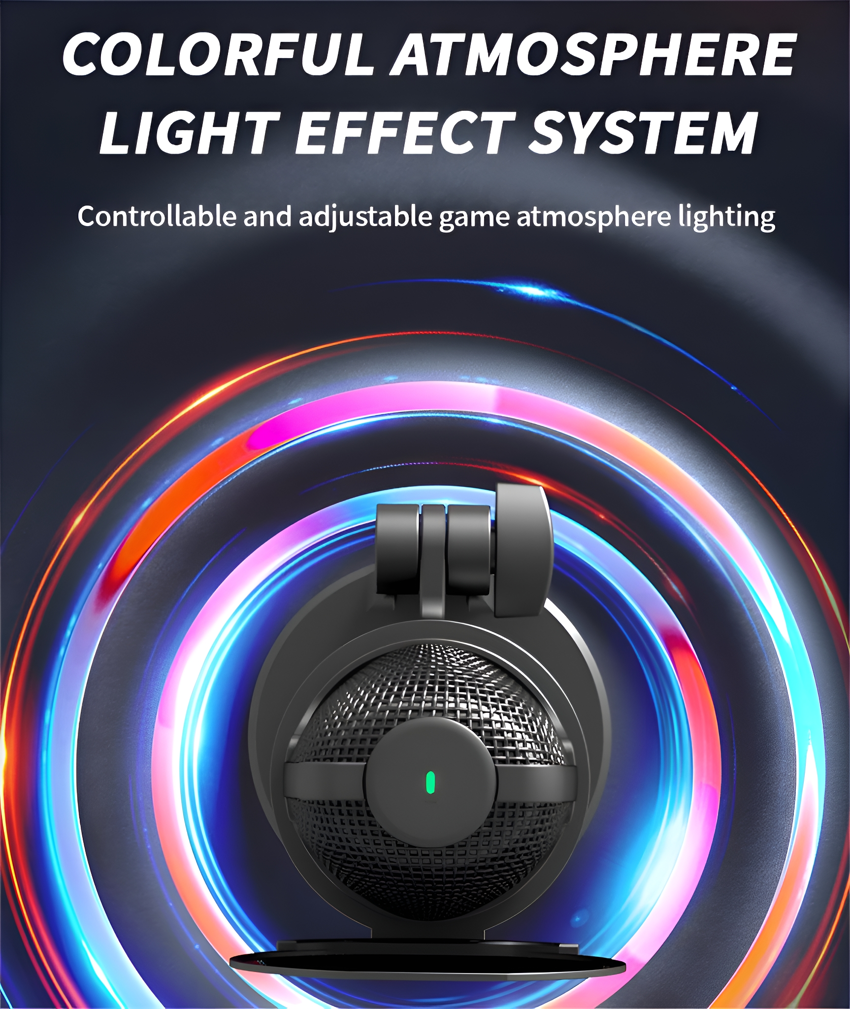 Ein Mikrofon mit einem farbenfrohen Lichteffekt, und Text, der 'COLORFUL ATMOSPHERE LIGHT EFFECT SYSTEM' sagt.