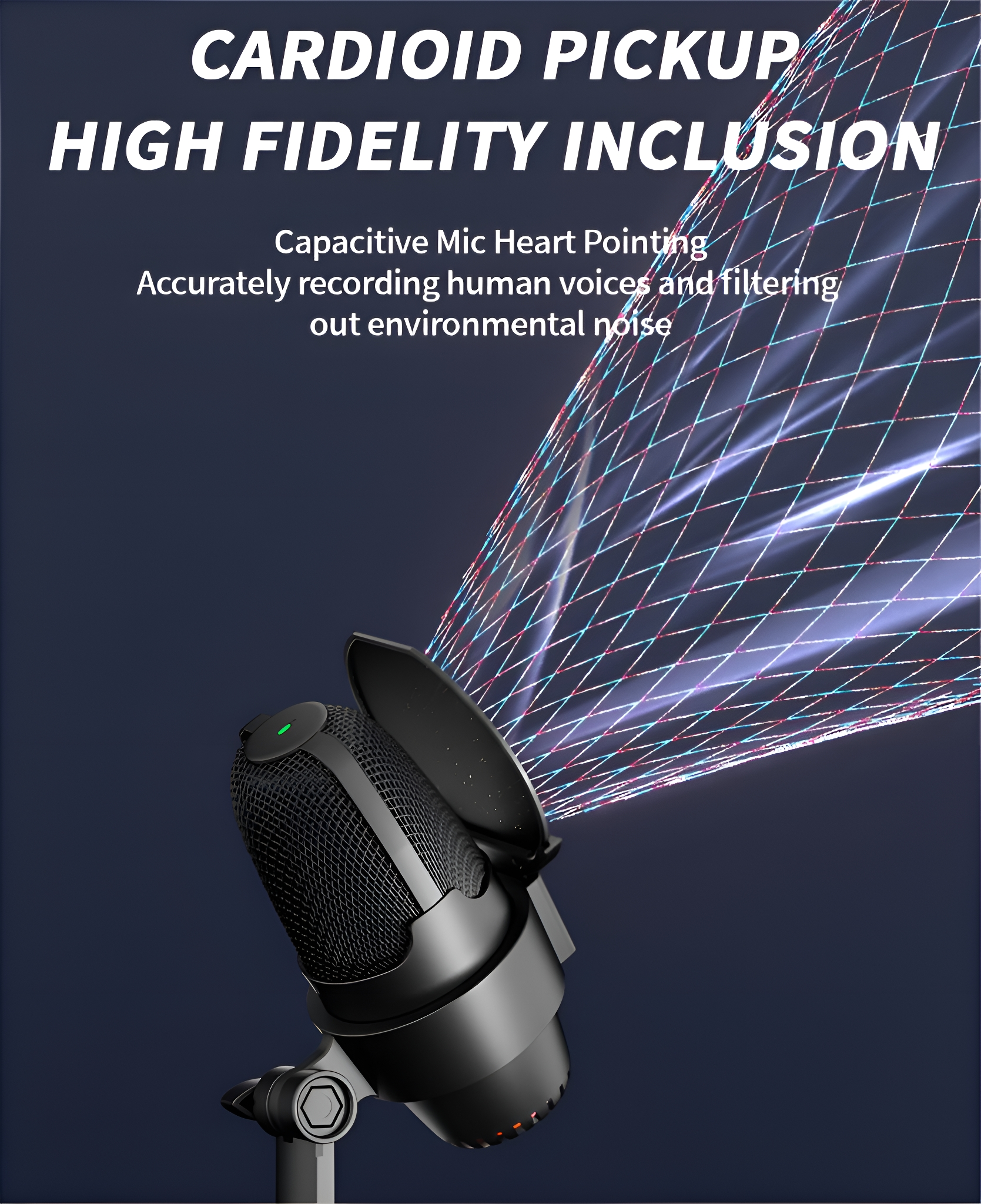 Ein schwarzes Mikrofon mit Pop-Filter. Lichtlinien gehen davon aus.